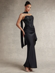 Silquee Women's Sequined Printed Pleated Elegant Waist-Cinching Backless Party Dress, Black Party Holiday Dress With Sequins. Birthday Dress For Women - Black - View 6
