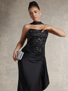 Silquee Women's Sequined Printed Pleated Elegant Waist-Cinching Backless Party Dress, Black Party Holiday Dress With Sequins. Birthday Dress For Women - Black - View 5