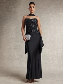 Silquee Women's Sequined Printed Pleated Elegant Waist-Cinching Backless Party Dress, Black Party Holiday Dress With Sequins. Birthday Dress For Women - Black - View 4