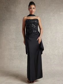Silquee Women's Sequined Printed Pleated Elegant Waist-Cinching Backless Party Dress, Black Party Holiday Dress With Sequins. Birthday Dress For Women - Black - View 3