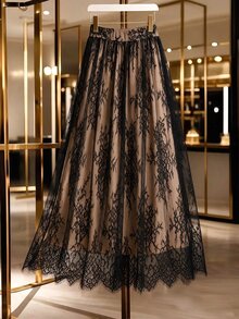 GlowEve CURVE Fashionable Elegant Lace Plus Size Women's A-Line Skirt - Black - View 3