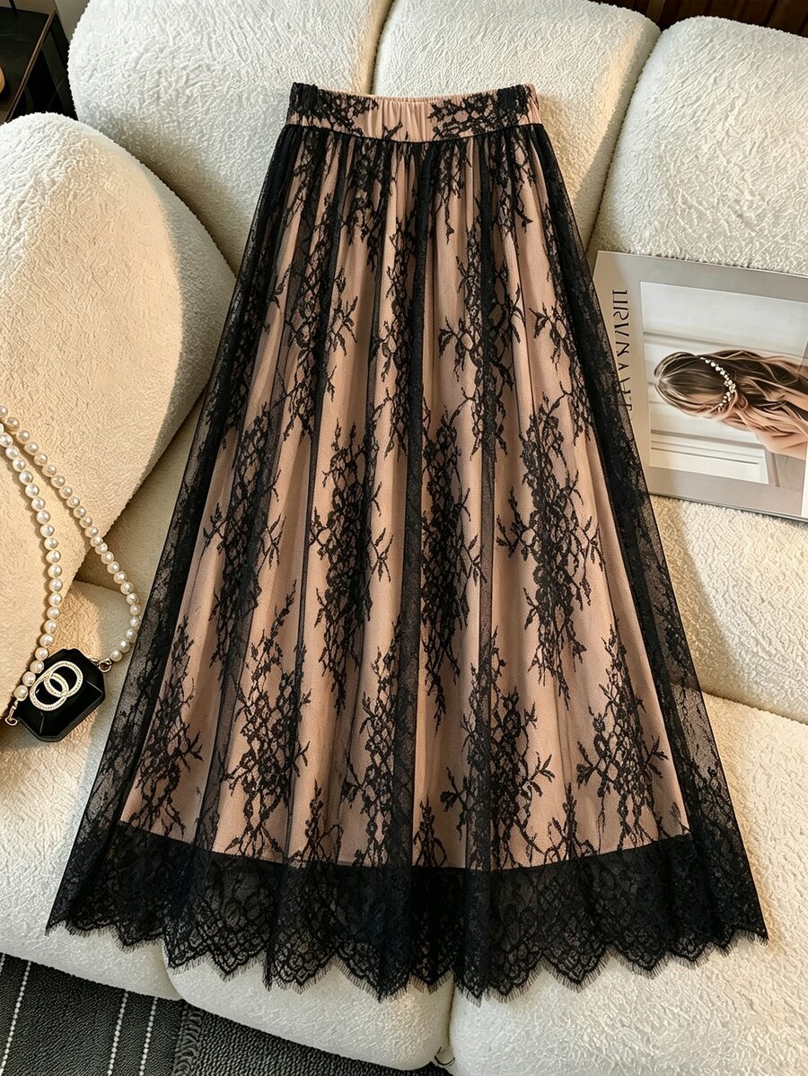 GlowEve CURVE Fashionable Elegant Lace Plus Size Women's A-Line Skirt - Black - View 1