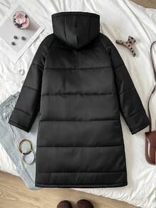 SHEIN Tween Girls Winter Coats Woven Black Long Hooded Padded Coat - Black - View 6