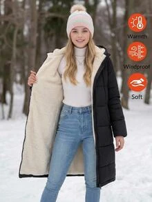 SHEIN Tween Girls Winter Coats Woven Black Long Hooded Padded Coat - Black - View 2