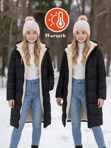 SHEIN Tween Girls Winter Coats Woven Black Long Hooded Padded Coat - Black - View 4
