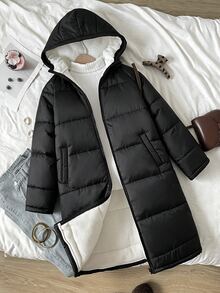 SHEIN Tween Girls Winter Coats Woven Black Long Hooded Padded Coat - Black - View 5