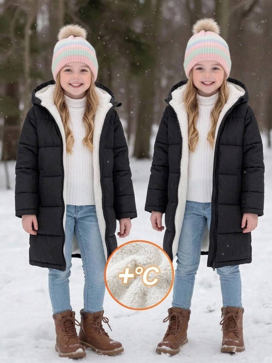 SHEIN 青少年女孩冬季外套 黑色梭織長款連帽填充棉襖 - 黑色 - 查看 1
