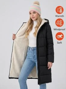 SHEIN Tween Girls Winter Coats Woven Black Long Hooded Padded Coat - Black - View 7
