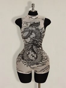 SHEIN ICON 女士无袖龙纹紧身连体衣 - 杏色 - 查看 3