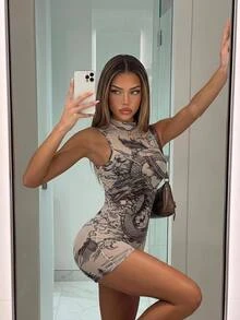 SHEIN ICON 女士无袖龙纹紧身连体衣 - 杏色 - 查看 1