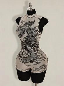 SHEIN ICON 女士无袖龙纹紧身连体衣 - 杏色 - 查看 8