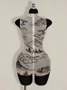 SHEIN ICON 女士无袖龙纹紧身连体衣 - 杏色 - 查看 2