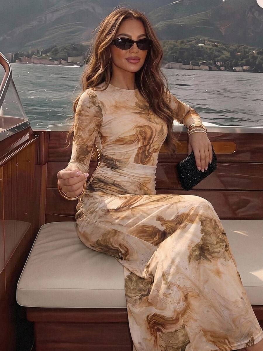 Silquee 女款紮染百褶收腰優雅洋裝,適合派對與旅行,夏季長洋裝,職場穿搭印花洋裝 - 卡其色 - 查看 1