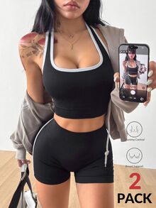 Coolane 女款夏季方領掛脖瑜伽套裝，修身健身運動短褲與內建胸罩上衣 - 黑與白 - 查看 3
