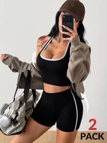 Coolane 女款夏季方領掛脖瑜伽套裝，修身健身運動短褲與內建胸罩上衣 - 黑與白 - 查看 2