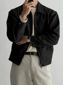 DAZY Jaket dan Mantel Fleece Suede Hitam Polos Pria, Musim Gugur, Grunge - Hitam - View 4