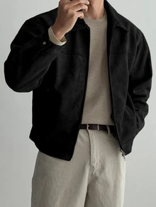DAZY Jaket dan Mantel Fleece Suede Hitam Polos Pria, Musim Gugur, Grunge - Hitam - View 2