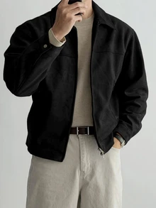 DAZY Jaket dan Mantel Fleece Suede Hitam Polos Pria, Musim Gugur, Grunge - Hitam - View 3