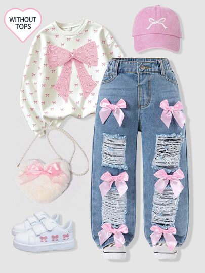 SHEIN Girls' Loose Straight Leg Distressed Light Blue Street Style Sweet Cute Pink Big Bow Multiple 3D Pockets Ripped Pants, Suitable For All Seasons, Pairs Well With Short Sleeve Or Long Sleeve Outerwear