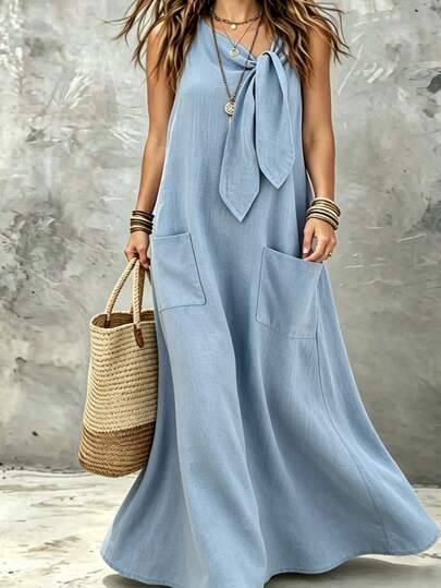 Linhara CURVE Plus Size Women's Sleeveless Navy Blue Mid-Length Draped Tie Waist Straight Dress With Pockets, Casual Boho Elegant Vacation Summer Beach