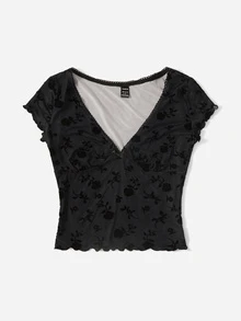 SHEIN ICON 90s Floral Print Bow Front Lettuce Trim Crop Mesh Tee - Black - View 3