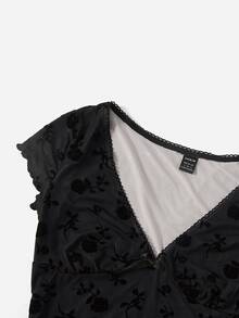 SHEIN ICON 90s Floral Print Bow Front Lettuce Trim Crop Mesh Tee - Black - View 4