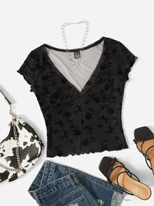 SHEIN ICON 90s Floral Print Bow Front Lettuce Trim Crop Mesh Tee - Black - View 1