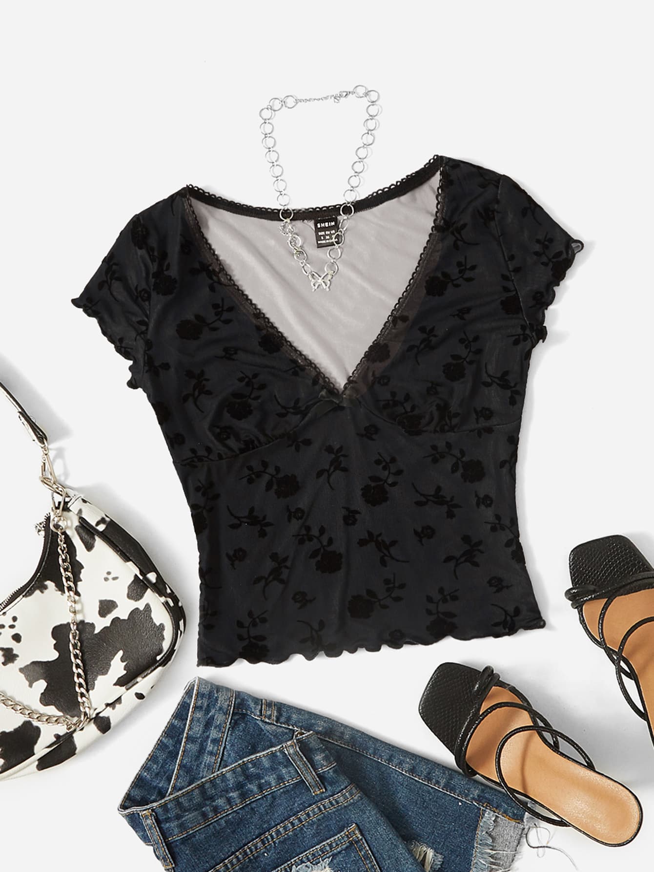 SHEIN ICON 90s Floral Print Bow Front Lettuce Trim Crop Mesh Tee - Black - View 1