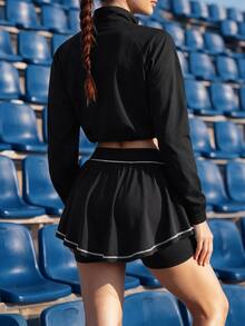 CourtClass Women's Contrast Stitching Design Daily Fitness Sports Skort - Black - View 2