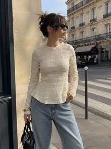 Serisse Women's Autumn Casual Solid Color Textured T-Shirt - Apricot - View 4