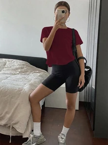 Livesso Women Solid Color Round Neck Fitted Short Sleeve Base T-Shirt Summer - Burgundy - View 4