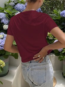 Livesso Women Solid Color Round Neck Fitted Short Sleeve Base T-Shirt Summer - Burgundy - View 5