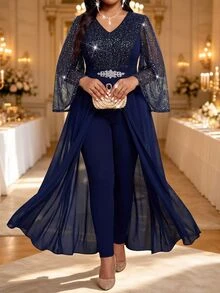 Fleurora Plus Size Fashion Party Glitter Patchwork Jumpsuit Fall - Navy Blue - View 3