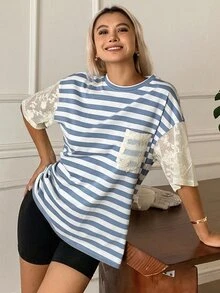 Livesso 女款條紋圓領落肩袖口袋設計寬鬆T恤圖案休閒夏季度假風 - 藍色 - 查看 5