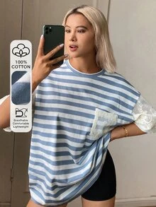 Livesso 女款條紋圓領落肩袖口袋設計寬鬆T恤圖案休閒夏季度假風 - 藍色 - 查看 1