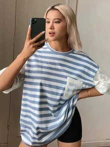 Livesso 女款條紋圓領落肩袖口袋設計寬鬆T恤圖案休閒夏季度假風 - 藍色 - 查看 7