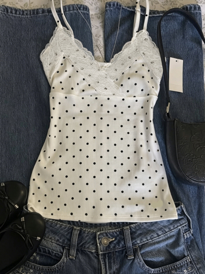 IslaSuriya Polka Dot Print Lace Patchwork Cup Cross Strap Top Going Out White And Black Polka Dot Summer Y2k Cute