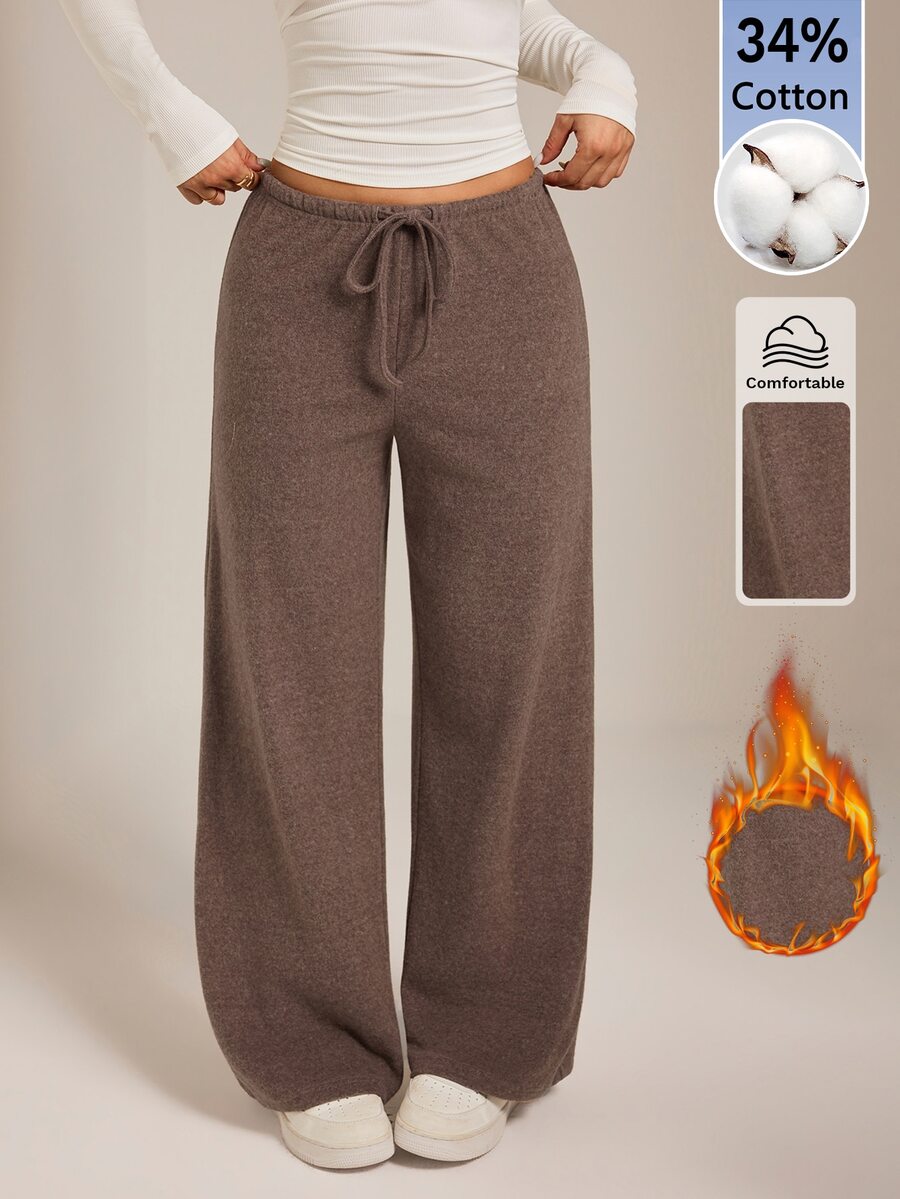 SHEIN PETITE Women's Solid Color Drawstring Waist Casual Daily Long Pants - Coffee Brown - View 1
