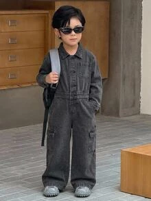 Kids Boys' Black Denim Shirt-Style Jumpsuit - Black - View 6
