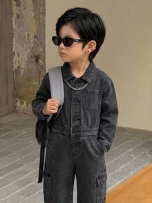 Kids Boys' Black Denim Shirt-Style Jumpsuit - Black - View 3