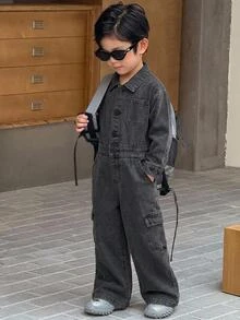 Kids Boys' Black Denim Shirt-Style Jumpsuit - Black - View 7
