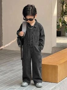 Kids Boys' Black Denim Shirt-Style Jumpsuit - Black - View 5