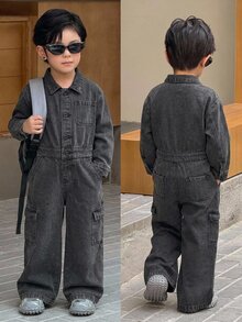 Kids Boys' Black Denim Shirt-Style Jumpsuit - Black - View 1
