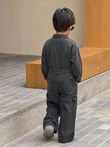 Kids Boys' Black Denim Shirt-Style Jumpsuit - Black - View 2