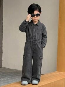 Kids Boys' Black Denim Shirt-Style Jumpsuit - Black - View 4