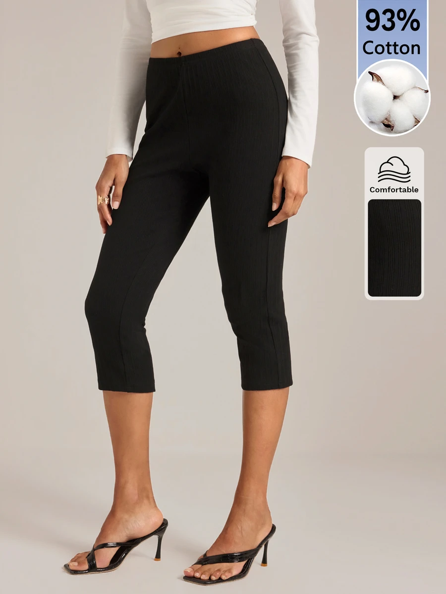 SHEIN Tall Women's Cotton Ribbed High Elastic Low Waist Capris - Black - View 1