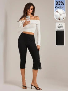 SHEIN Tall بنطلون كابري نسائي من القطن المضلع عالي المرونة منخفض الخصر - الأسود - مشاهدة 5