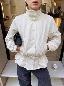 Siren Gaze Jaket Kasual Musim Gugur Warna Polos dengan Hem Berkerut, Cocok untuk Kerja Sehari-hari, Warna Putih Gading - Putih - View 9