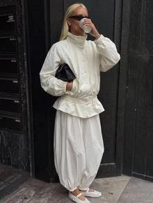 Siren Gaze Jaket Kasual Musim Gugur Warna Polos dengan Hem Berkerut, Cocok untuk Kerja Sehari-hari, Warna Putih Gading - Putih - View 5