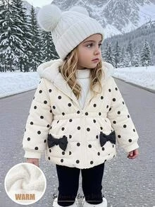 Cozy Pixies Baby Girl Contrast Color Bow Polka Dot Pattern Thermal Lined Thick Hooded Long Sleeve Open Front Padded Winter Coat, Versatile And Comfortable - Army Green - View 11